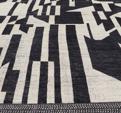 Ebony and Ivory Oversized Abstract Modern Casual This oversized modern casual was hand - knotted in Afghanistan. The field portrays an ivory background disrupted by flashes of ebony abstractions. The small simple border has a crafty ivory embr... - Keivan Woven ArtsAFG - 43436 - 20247Rug