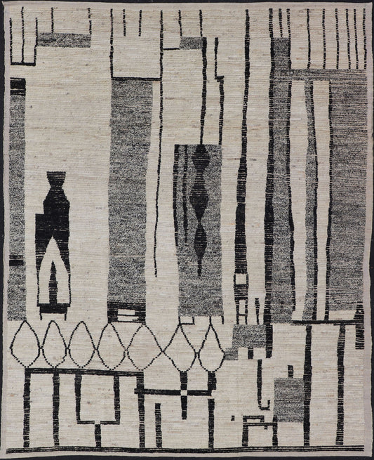 Large Afghan Modern Contemporary Abstract Rug in White and Black This piece has uniqueness in it's abstract design. The background displays a beautiful white color, layered with black abstractions. The black is paired with splashes of g... - Keivan Woven ArtsAFG - 43437 - 20205Rug