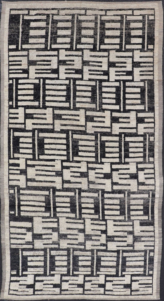 Sub - Geometric Afghan Abstract All - Over Modern Design in Ebony and Ivory This Afghan hand - knotted area rug features an abstract, all - over design in ivory. The background is rich with ebony, while the design and border each di... - Keivan Woven ArtsAFG - 43438 - 20211Rug