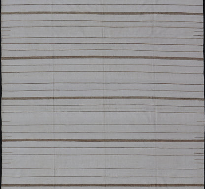 Oversized Afghan Flat Weave Kilim With Modern Design in Ivory and Light Brown This large Kilim was hand woven with cotton. The background is shades of ivory with simple horizontal stripes in taupe - mocha brown color repeating down the length of t... - Keivan Woven ArtsAFG - 43443 - 20235Rug