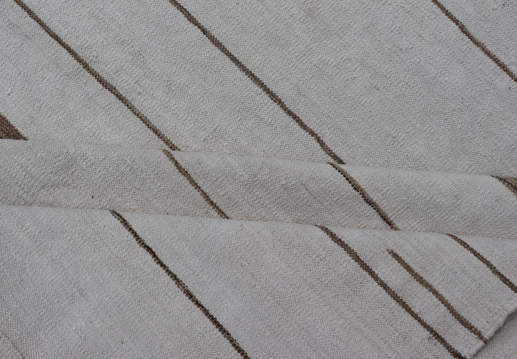 Oversized Afghan Flat Weave Kilim With Modern Design in Ivory and Light Brown This large Kilim was hand woven with cotton. The background is shades of ivory with simple horizontal stripes in taupe - mocha brown color repeating down the length of t... - Keivan Woven ArtsAFG - 43443 - 20235Rug