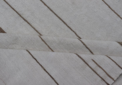 Oversized Afghan Flat Weave Kilim With Modern Design in Ivory and Light Brown This large Kilim was hand woven with cotton. The background is shades of ivory with simple horizontal stripes in taupe - mocha brown color repeating down the length of t... - Keivan Woven ArtsAFG - 43443 - 20235Rug