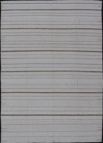 Oversized Afghan Flat Weave Kilim With Modern Design in Ivory and Light Brown This large Kilim was hand woven with cotton. The background is shades of ivory with simple horizontal stripes in taupe - mocha brown color repeating down the length of t... - Keivan Woven ArtsAFG - 43443 - 20235Rug
