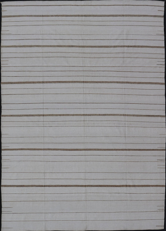 Oversized Afghan Flat Weave Kilim With Modern Design in Ivory and Light Brown This large Kilim was hand woven with cotton. The background is shades of ivory with simple horizontal stripes in taupe - mocha brown color repeating down the length of t... - Keivan Woven ArtsAFG - 43443 - 20235Rug