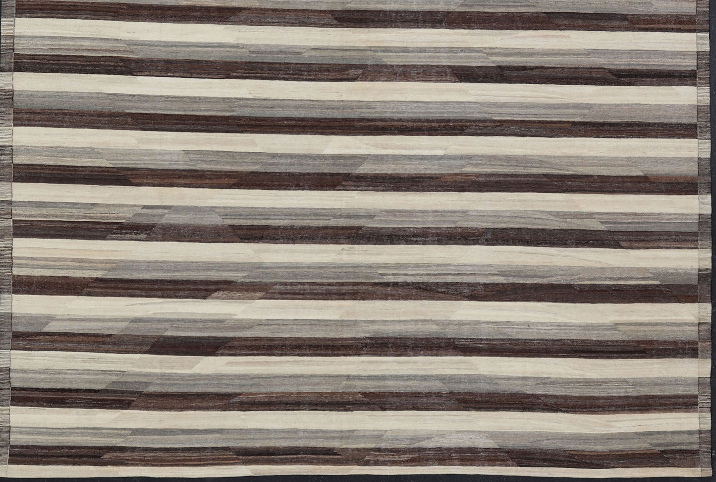 Large Hand - Woven Flat Weave Kilim in Cream, Taupe, and Dark Walnut With a modern casual feel to a traditional Kilim pattern, this piece features a horizontal striped pattern, repeating in ivory, taupe, and dark brown. These complimentary... - Keivan Woven ArtsAFG - 43444 - 20241Rug