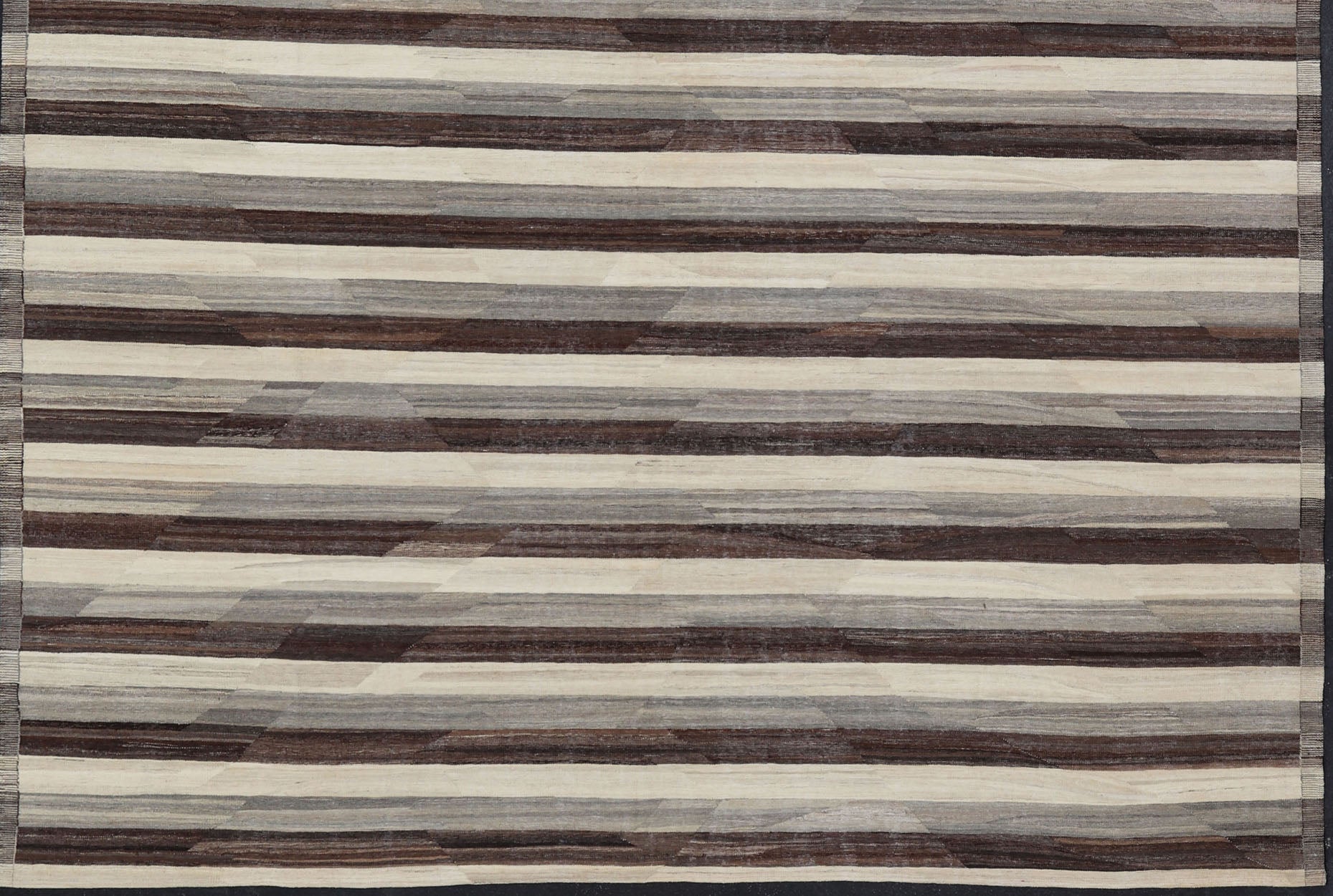 Large Hand - Woven Flat Weave Kilim in Cream, Taupe, and Dark Walnut With a modern casual feel to a traditional Kilim pattern, this piece features a horizontal striped pattern, repeating in ivory, taupe, and dark brown. These complimentary... - Keivan Woven ArtsAFG - 43444 - 20241Rug