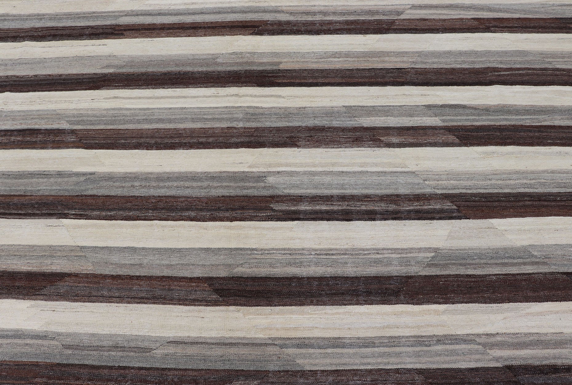 Large Hand - Woven Flat Weave Kilim in Cream, Taupe, and Dark Walnut With a modern casual feel to a traditional Kilim pattern, this piece features a horizontal striped pattern, repeating in ivory, taupe, and dark brown. These complimentary... - Keivan Woven ArtsAFG - 43444 - 20241Rug