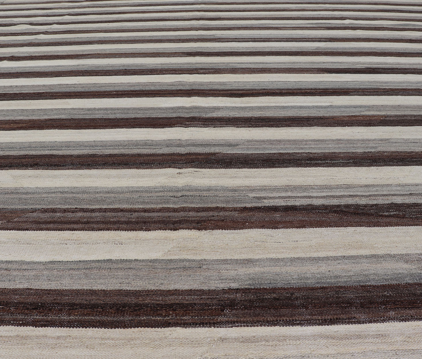 Large Hand - Woven Flat Weave Kilim in Cream, Taupe, and Dark Walnut With a modern casual feel to a traditional Kilim pattern, this piece features a horizontal striped pattern, repeating in ivory, taupe, and dark brown. These complimentary... - Keivan Woven ArtsAFG - 43444 - 20241Rug