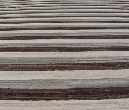 Large Hand - Woven Flat Weave Kilim in Cream, Taupe, and Dark Walnut With a modern casual feel to a traditional Kilim pattern, this piece features a horizontal striped pattern, repeating in ivory, taupe, and dark brown. These complimentary... - Keivan Woven ArtsAFG - 43444 - 20241Rug