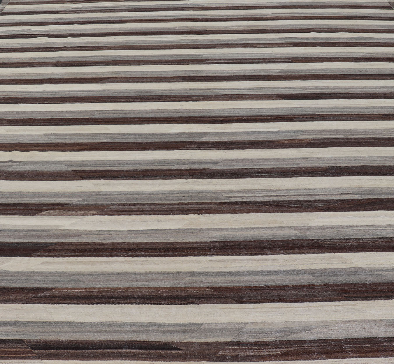 Large Hand - Woven Flat Weave Kilim in Cream, Taupe, and Dark Walnut With a modern casual feel to a traditional Kilim pattern, this piece features a horizontal striped pattern, repeating in ivory, taupe, and dark brown. These complimentary... - Keivan Woven ArtsAFG - 43444 - 20241Rug