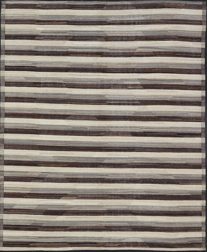 Large Hand - Woven Flat Weave Kilim in Cream, Taupe, and Dark Walnut With a modern casual feel to a traditional Kilim pattern, this piece features a horizontal striped pattern, repeating in ivory, taupe, and dark brown. These complimentary... - Keivan Woven ArtsAFG - 43444 - 20241Rug