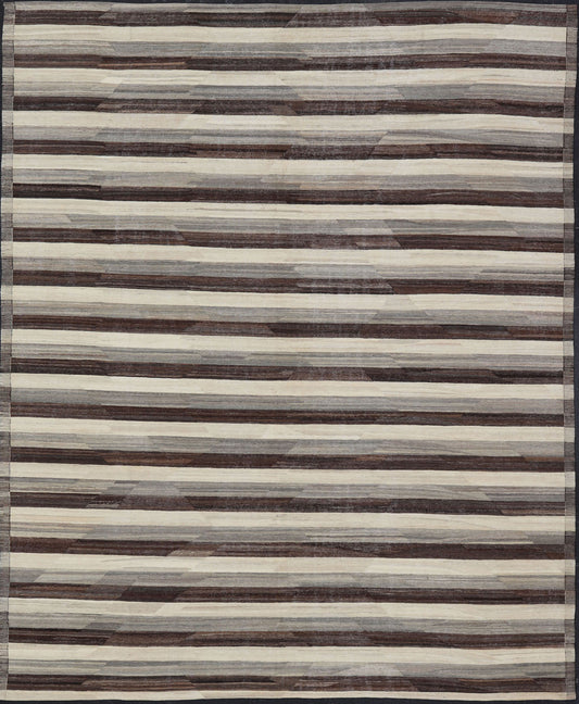 Large Hand - Woven Flat Weave Kilim in Cream, Taupe, and Dark Walnut With a modern casual feel to a traditional Kilim pattern, this piece features a horizontal striped pattern, repeating in ivory, taupe, and dark brown. These complimentary... - Keivan Woven ArtsAFG - 43444 - 20241Rug