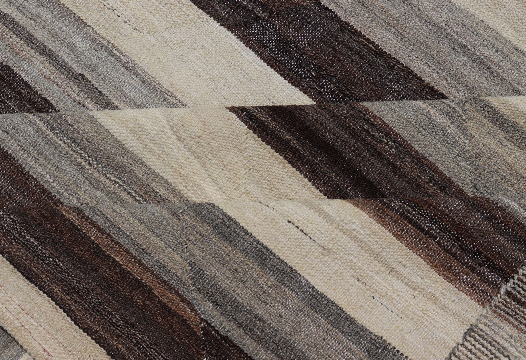 Large Hand - Woven Flat Weave Kilim in Cream, Taupe, and Dark Walnut With a modern casual feel to a traditional Kilim pattern, this piece features a horizontal striped pattern, repeating in ivory, taupe, and dark brown. These complimentary... - Keivan Woven ArtsAFG - 43444 - 20241Rug