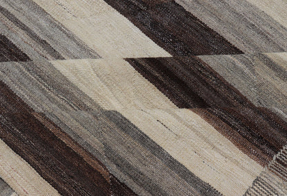 Large Hand - Woven Flat Weave Kilim in Cream, Taupe, and Dark Walnut With a modern casual feel to a traditional Kilim pattern, this piece features a horizontal striped pattern, repeating in ivory, taupe, and dark brown. These complimentary... - Keivan Woven ArtsAFG - 43444 - 20241Rug