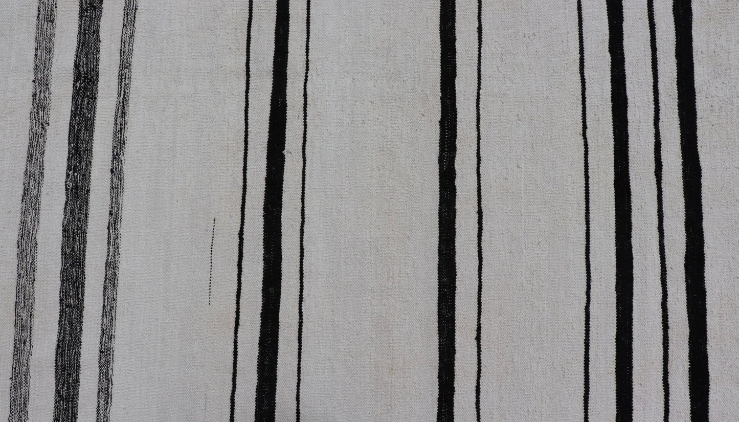 Hand - Woven Cotton Flat Weave Kilim with Geometric Stripe Design This modern Kilim was hand - woven with cotton in Afghanistan. This piece has no border, and a ivory background. The foreground is a minimal asymmetrical horizontal stripe pattern re... - Keivan Woven ArtsAFG - 43445 - 20223Rug
