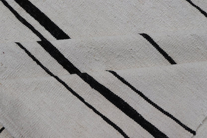 Hand - Woven Cotton Flat Weave Kilim with Geometric Stripe Design This modern Kilim was hand - woven with cotton in Afghanistan. This piece has no border, and a ivory background. The foreground is a minimal asymmetrical horizontal stripe pattern re... - Keivan Woven ArtsAFG - 43445 - 20223Rug