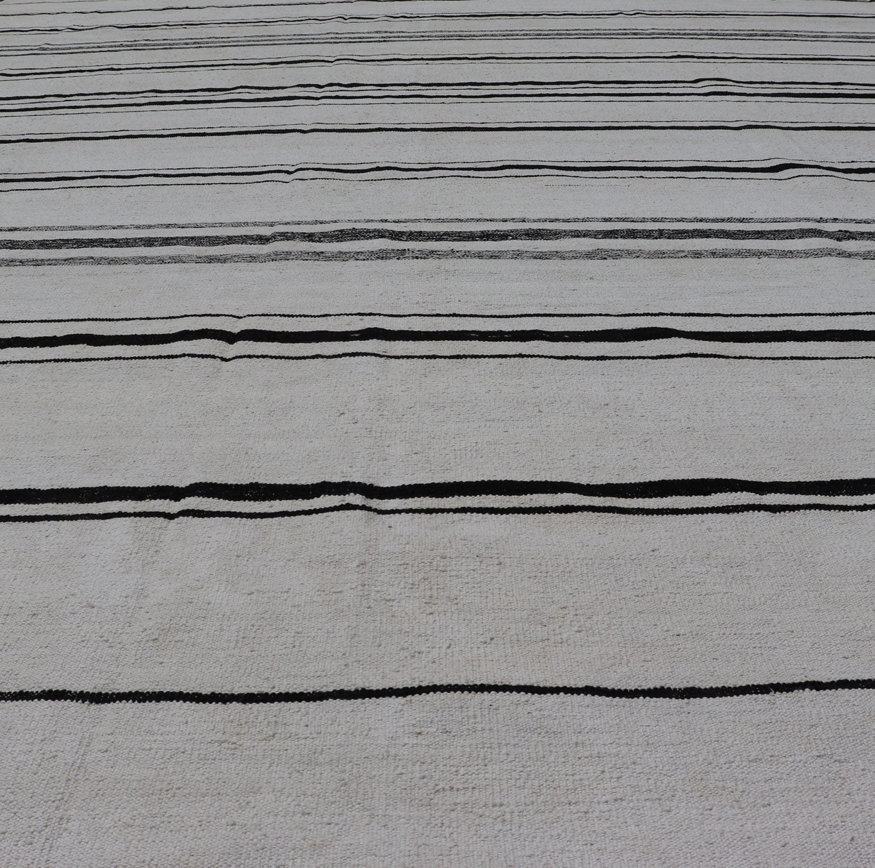 Hand - Woven Cotton Flat Weave Kilim with Geometric Stripe Design This modern Kilim was hand - woven with cotton in Afghanistan. This piece has no border, and a ivory background. The foreground is a minimal asymmetrical horizontal stripe pattern re... - Keivan Woven ArtsAFG - 43445 - 20223Rug