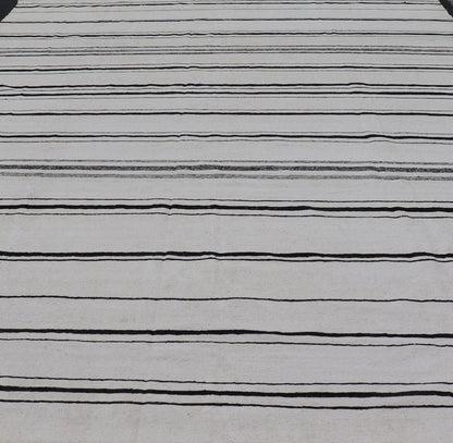 Hand - Woven Cotton Flat Weave Kilim with Geometric Stripe Design This modern Kilim was hand - woven with cotton in Afghanistan. This piece has no border, and a ivory background. The foreground is a minimal asymmetrical horizontal stripe pattern re... - Keivan Woven ArtsAFG - 43445 - 20223Rug