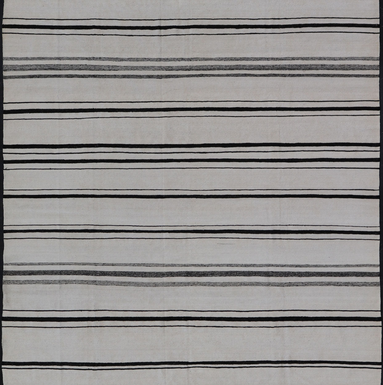 Hand - Woven Cotton Flat Weave Kilim with Geometric Stripe Design This modern Kilim was hand - woven with cotton in Afghanistan. This piece has no border, and a ivory background. The foreground is a minimal asymmetrical horizontal stripe pattern re... - Keivan Woven ArtsAFG - 43445 - 20223Rug