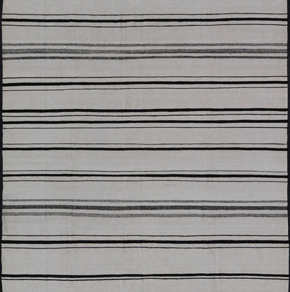 Hand - Woven Cotton Flat Weave Kilim with Geometric Stripe Design This modern Kilim was hand - woven with cotton in Afghanistan. This piece has no border, and a ivory background. The foreground is a minimal asymmetrical horizontal stripe pattern re... - Keivan Woven ArtsAFG - 43445 - 20223Rug