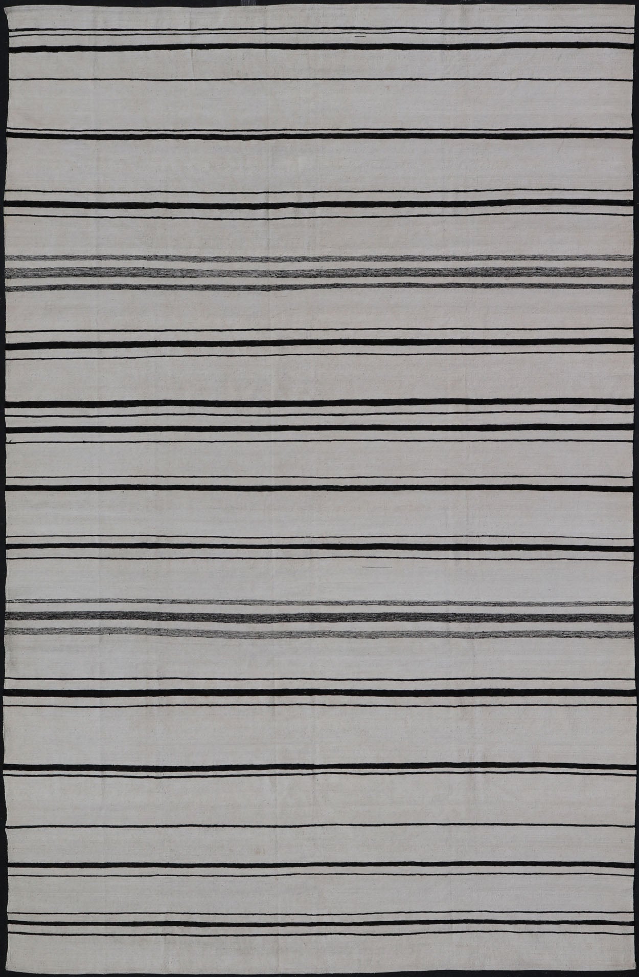 Hand - Woven Cotton Flat Weave Kilim with Geometric Stripe Design This modern Kilim was hand - woven with cotton in Afghanistan. This piece has no border, and a ivory background. The foreground is a minimal asymmetrical horizontal stripe pattern re... - Keivan Woven ArtsAFG - 43445 - 20223Rug