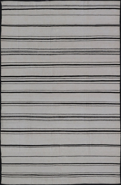 Hand - Woven Cotton Flat Weave Kilim with Geometric Stripe Design This modern Kilim was hand - woven with cotton in Afghanistan. This piece has no border, and a ivory background. The foreground is a minimal asymmetrical horizontal stripe pattern re... - Keivan Woven ArtsAFG - 43445 - 20223Rug