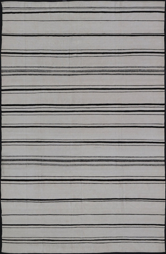 Hand - Woven Cotton Flat Weave Kilim with Geometric Stripe Design This modern Kilim was hand - woven with cotton in Afghanistan. This piece has no border, and a ivory background. The foreground is a minimal asymmetrical horizontal stripe pattern re... - Keivan Woven ArtsAFG - 43445 - 20223Rug