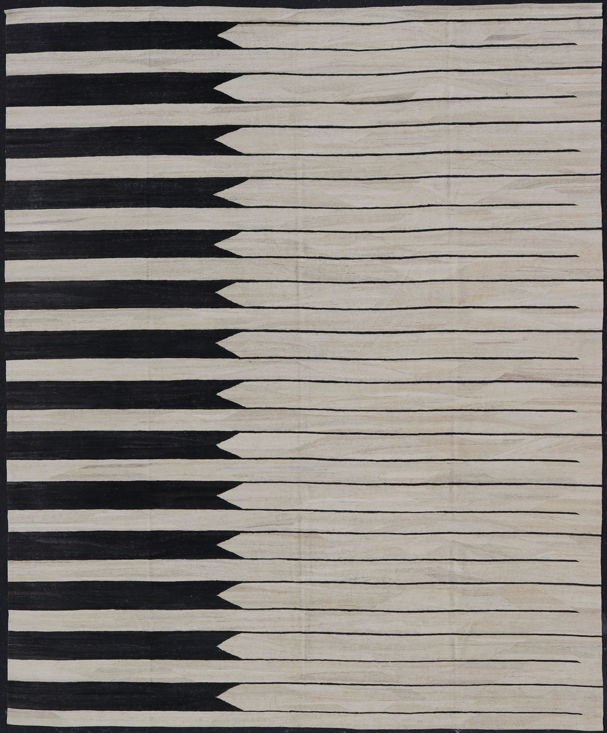Large Modern Casual Afghan Kilim Hand - Woven In Black and Ivory Wool This modern Kilim features an abstract casual design with horizontal design reaching the other side. Colors are black and ivory. Measures; 13'3 x 15'7 Countr... - Keivan Woven ArtsAFG - 43446 - 20229