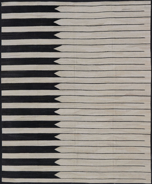 Large Modern Casual Afghan Kilim Hand - Woven In Black and Ivory Wool This modern Kilim features an abstract casual design with horizontal design reaching the other side. Colors are black and ivory. Measures; 13'3 x 15'7 Countr... - Keivan Woven ArtsAFG - 43446 - 20229