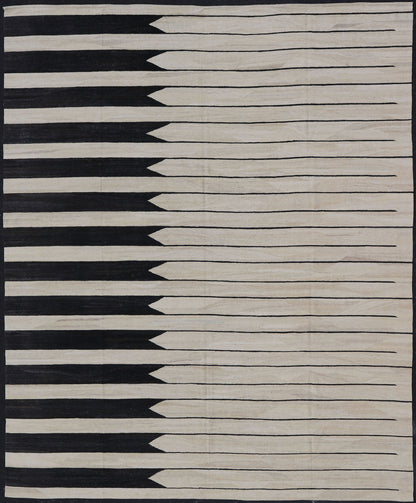 Large Modern Casual Afghan Kilim Hand - Woven In Black and Ivory Wool This modern Kilim features an abstract casual design with horizontal design reaching the other side. Colors are black and ivory. Measures; 13'3 x 15'7 Countr... - Keivan Woven ArtsAFG - 43446 - 20229Rug