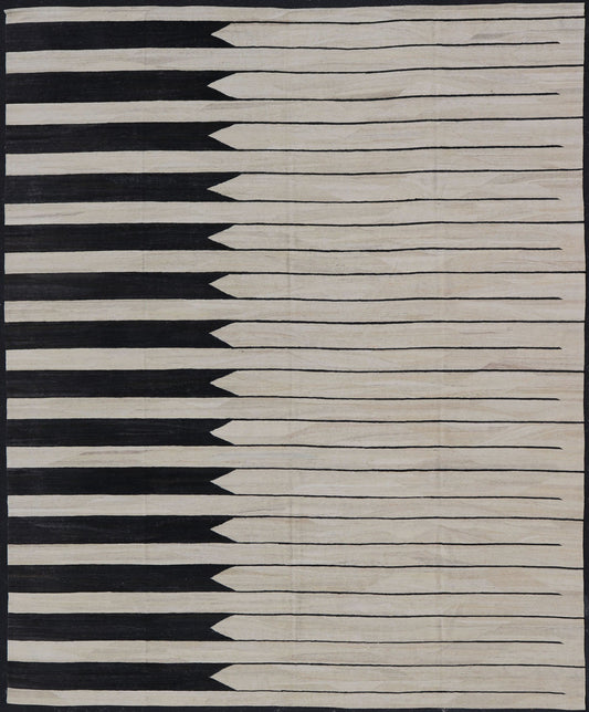 Large Modern Casual Afghan Kilim Hand - Woven In Black and Ivory Wool This modern Kilim features an abstract casual design with horizontal design reaching the other side. Colors are black and ivory. Measures; 13'3 x 15'7 Countr... - Keivan Woven ArtsAFG - 43446 - 20229Rug