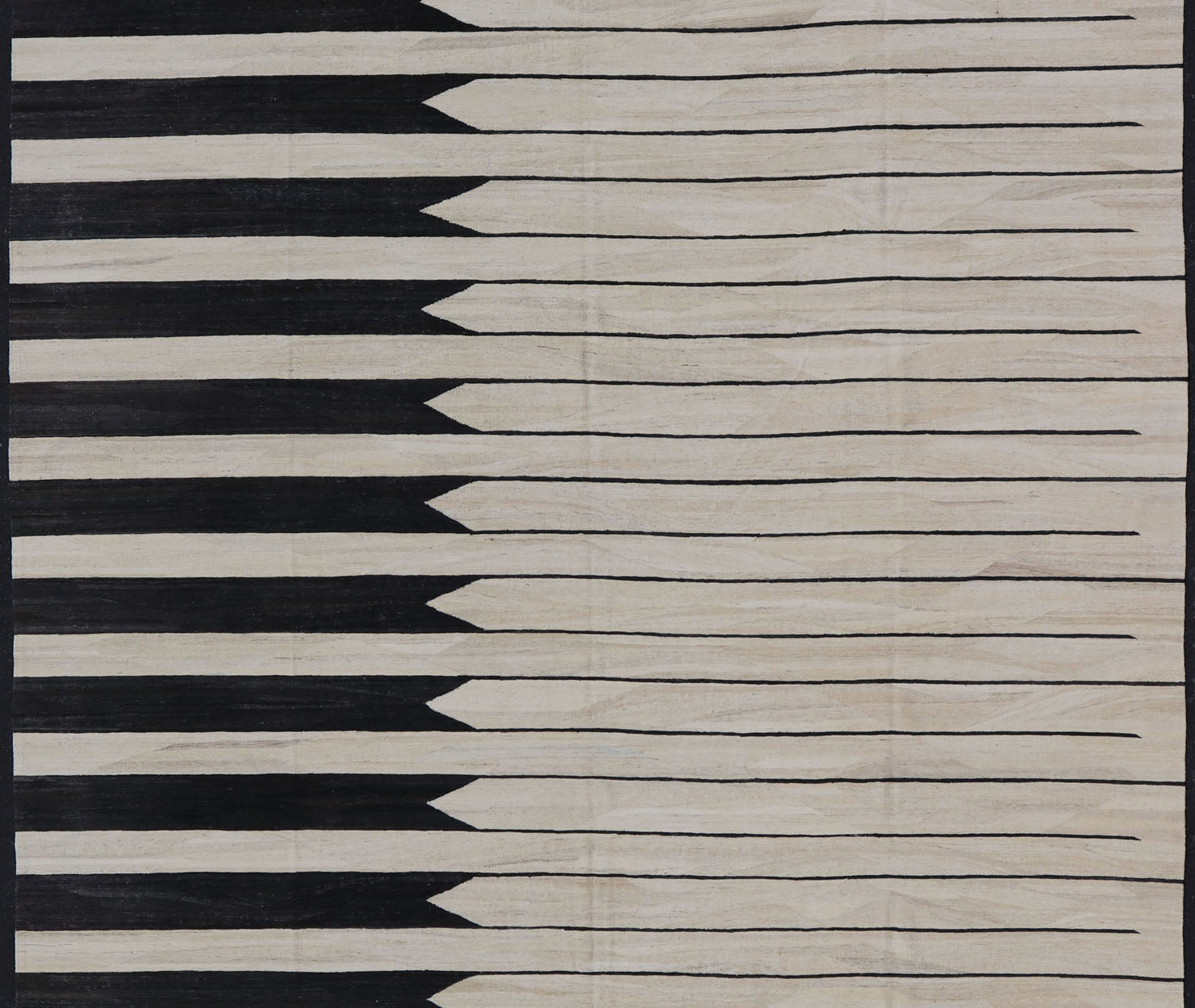Large Modern Casual Afghan Kilim Hand - Woven In Black and Ivory Wool This modern Kilim features an abstract casual design with horizontal design reaching the other side. Colors are black and ivory. Measures; 13'3 x 15'7 Countr... - Keivan Woven ArtsAFG - 43446 - 20229Rug