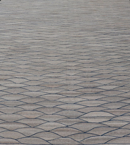 Large Modern Flat Weave Kilim in Wool with Shades of Gray and Rich Blue Measures; 14'0 x 18'10 This modern Kilim features a modern wave design spreading all across the field. The rug is rendered in a blend light gray to dark gray. The des... - Keivan Woven ArtsAFG - 43447 - 20145Rug