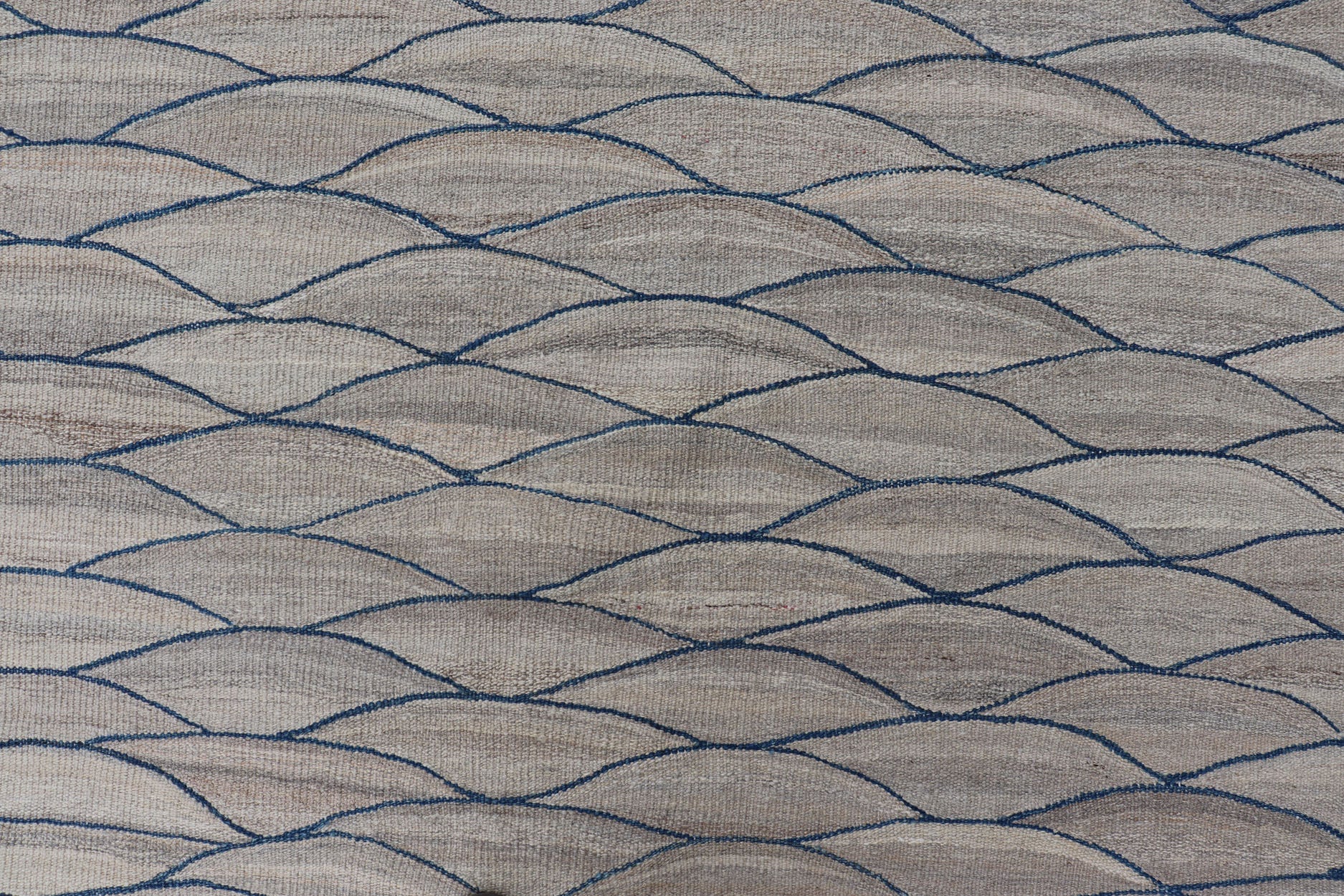 Large Modern Flat Weave Kilim in Wool with Shades of Gray and Rich Blue Measures; 14'0 x 18'10 This modern Kilim features a modern wave design spreading all across the field. The rug is rendered in a blend light gray to dark gray. The des... - Keivan Woven ArtsAFG - 43447 - 20145Rug
