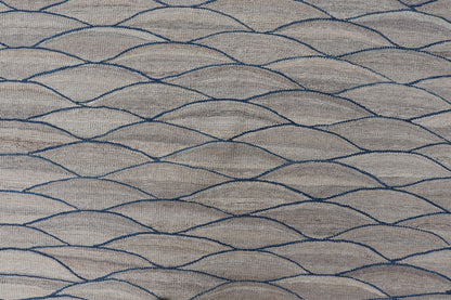 Large Modern Flat Weave Kilim in Wool with Shades of Gray and Rich Blue Measures; 14'0 x 18'10 This modern Kilim features a modern wave design spreading all across the field. The rug is rendered in a blend light gray to dark gray. The des... - Keivan Woven ArtsAFG - 43447 - 20145Rug