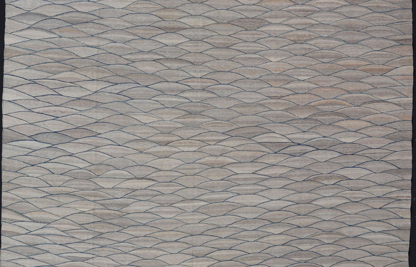 Large Modern Flat Weave Kilim in Wool with Shades of Gray and Rich Blue Measures; 14'0 x 18'10 This modern Kilim features a modern wave design spreading all across the field. The rug is rendered in a blend light gray to dark gray. The des... - Keivan Woven ArtsAFG - 43447 - 20145Rug