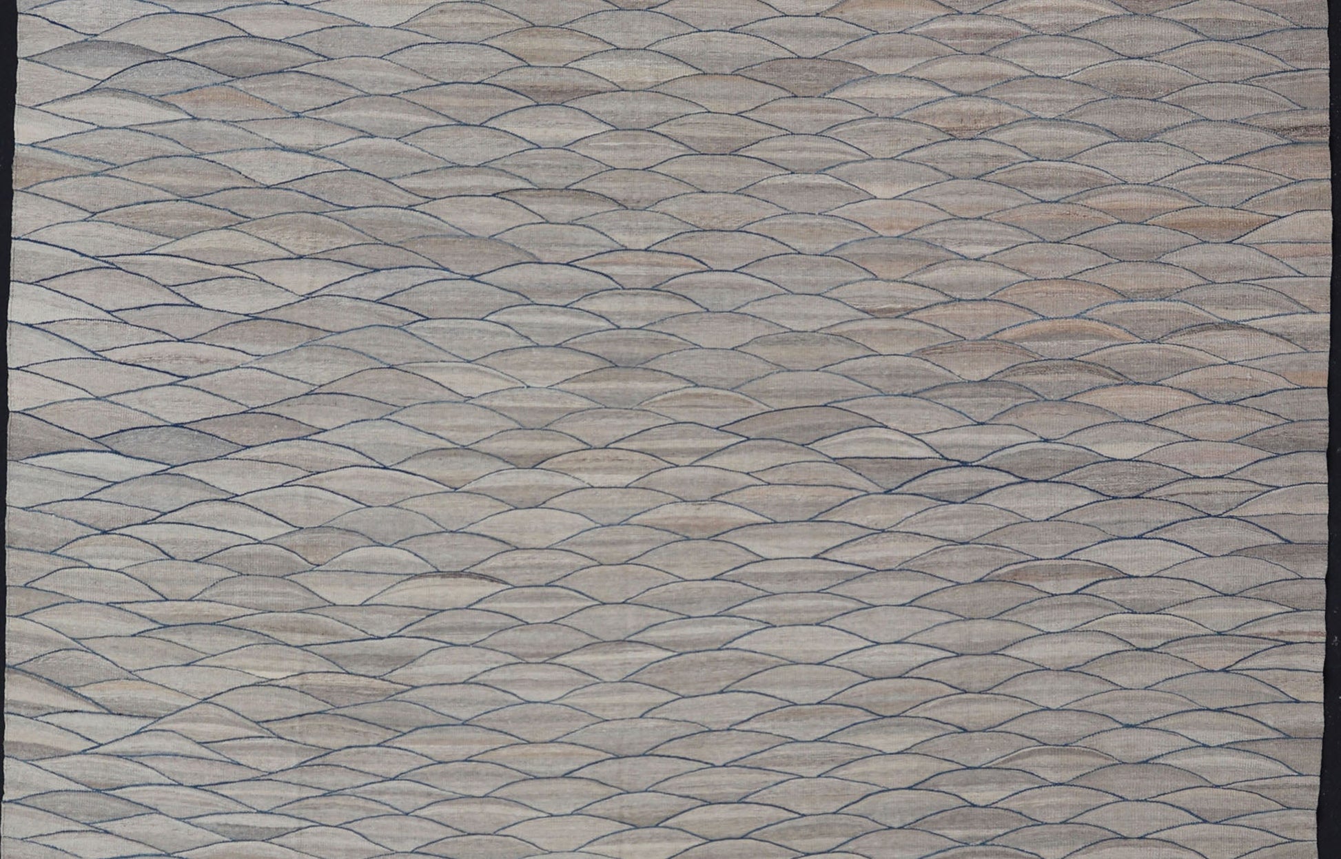 Large Modern Flat Weave Kilim in Wool with Shades of Gray and Rich Blue Measures; 14'0 x 18'10 This modern Kilim features a modern wave design spreading all across the field. The rug is rendered in a blend light gray to dark gray. The des... - Keivan Woven ArtsAFG - 43447 - 20145Rug