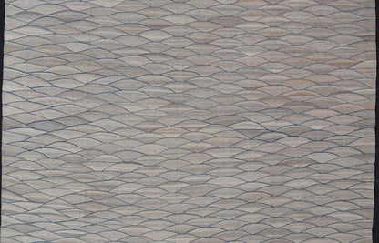Large Modern Flat Weave Kilim in Wool with Shades of Gray and Rich Blue Measures; 14'0 x 18'10 This modern Kilim features a modern wave design spreading all across the field. The rug is rendered in a blend light gray to dark gray. The des... - Keivan Woven ArtsAFG - 43447 - 20145Rug