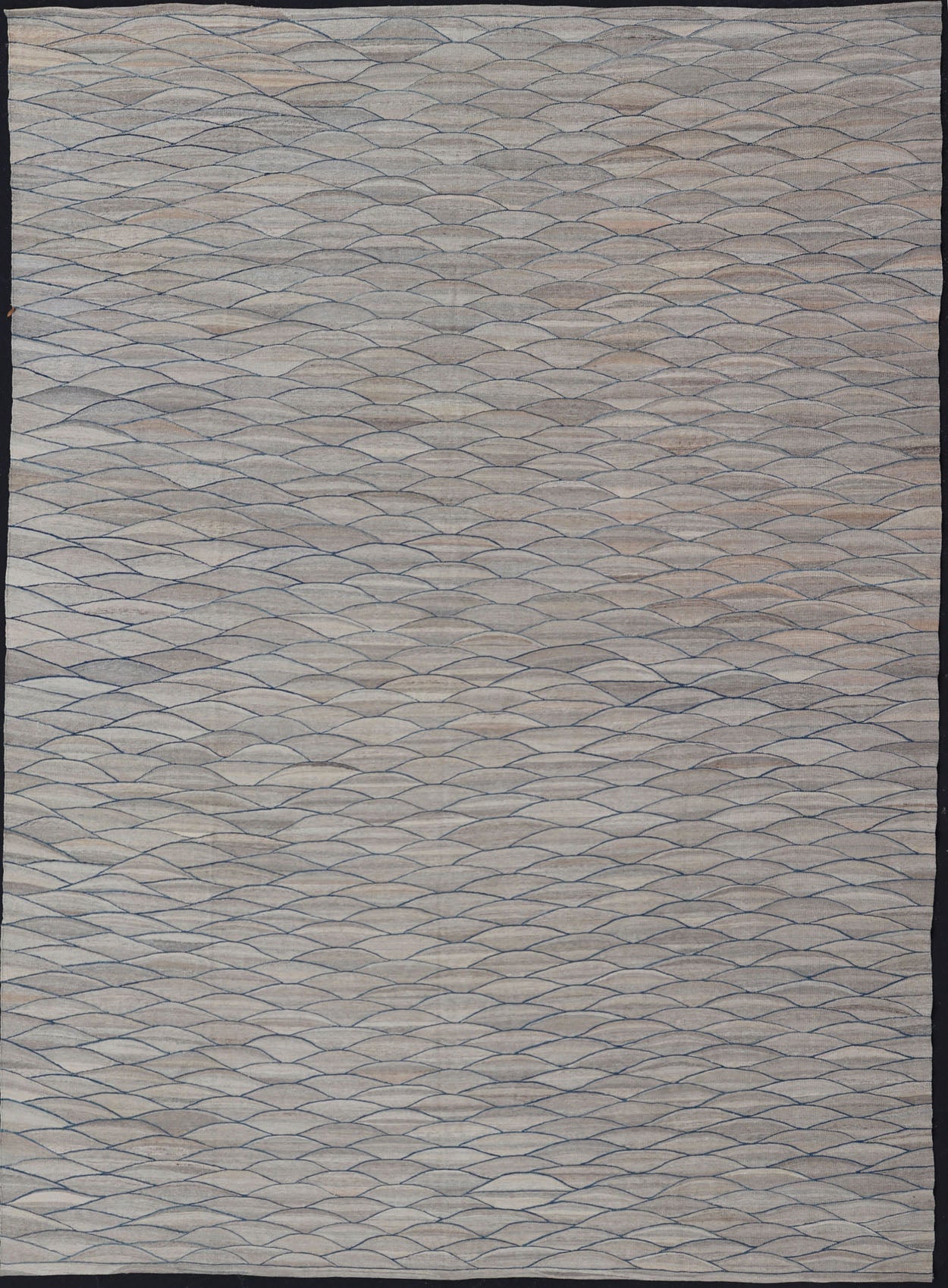 Large Modern Flat Weave Kilim in Wool with Shades of Gray and Rich Blue Measures; 14'0 x 18'10 This modern Kilim features a modern wave design spreading all across the field. The rug is rendered in a blend light gray to dark gray. The des... - Keivan Woven ArtsAFG - 43447 - 20145Rug
