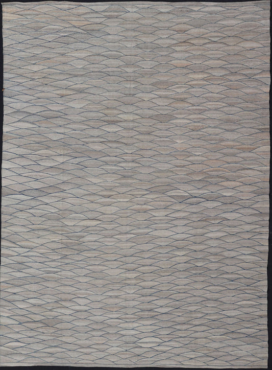 Large Modern Flat Weave Kilim in Wool with Shades of Gray and Rich Blue Measures; 14'0 x 18'10 This modern Kilim features a modern wave design spreading all across the field. The rug is rendered in a blend light gray to dark gray. The des... - Keivan Woven ArtsAFG - 43447 - 20145Rug