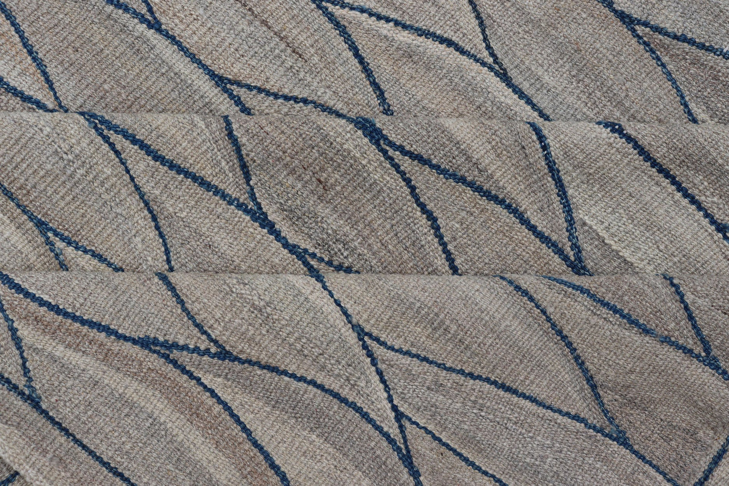 Large Modern Flat Weave Kilim in Wool with Shades of Gray and Rich Blue Measures; 14'0 x 18'10 This modern Kilim features a modern wave design spreading all across the field. The rug is rendered in a blend light gray to dark gray. The des... - Keivan Woven ArtsAFG - 43447 - 20145Rug