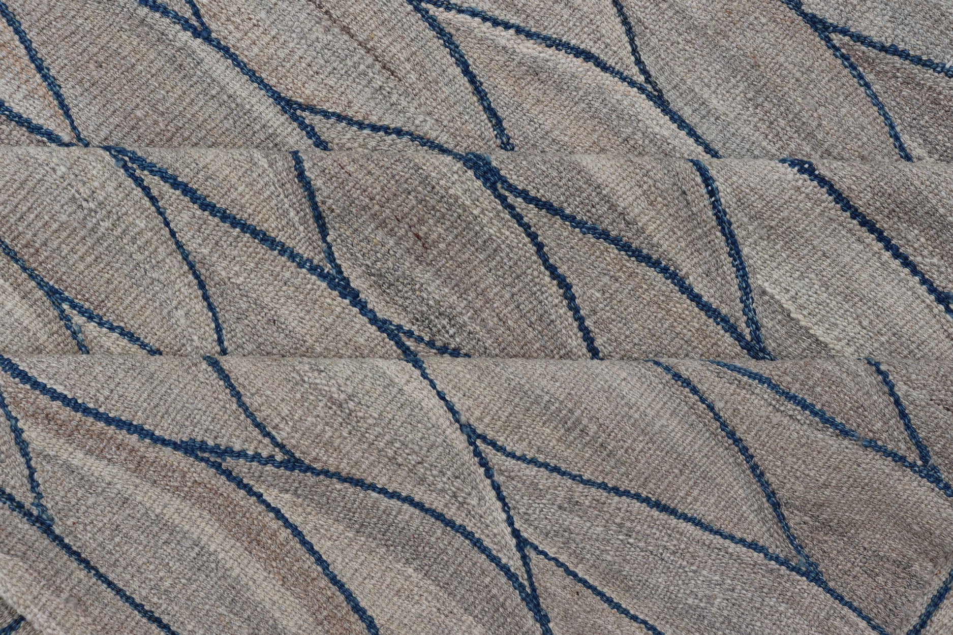 Large Modern Flat Weave Kilim in Wool with Shades of Gray and Rich Blue Measures; 14'0 x 18'10 This modern Kilim features a modern wave design spreading all across the field. The rug is rendered in a blend light gray to dark gray. The des... - Keivan Woven ArtsAFG - 43447 - 20145Rug