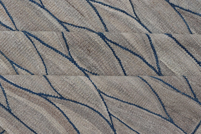 Large Modern Flat Weave Kilim in Wool with Shades of Gray and Rich Blue Measures; 14'0 x 18'10 This modern Kilim features a modern wave design spreading all across the field. The rug is rendered in a blend light gray to dark gray. The des... - Keivan Woven ArtsAFG - 43447 - 20145Rug