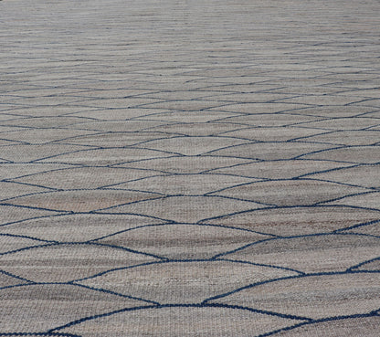 Large Modern Flat Weave Kilim in Wool with Shades of Gray and Rich Blue Measures; 14'0 x 18'10 This modern Kilim features a modern wave design spreading all across the field. The rug is rendered in a blend light gray to dark gray. The des... - Keivan Woven ArtsAFG - 43447 - 20145Rug