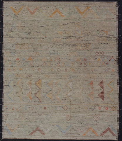 Large Modern Casual Area Rug in Sandy Tones With Pops of Color This elegant modern casual was hand - knotted in Afghanistan. The large open field displays tribal - like motifs atop of warm - yet - subtle sandy hues of beige and light taupe. The des... - Keivan Woven ArtsAFG - 43448 - 20217Rug
