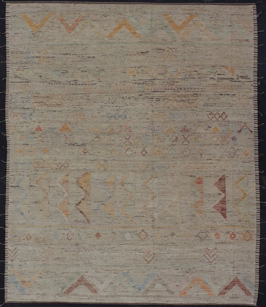 Large Modern Casual Area Rug in Sandy Tones With Pops of Color This elegant modern casual was hand - knotted in Afghanistan. The large open field displays tribal - like motifs atop of warm - yet - subtle sandy hues of beige and light taupe. The des... - Keivan Woven ArtsAFG - 43448 - 20217Rug