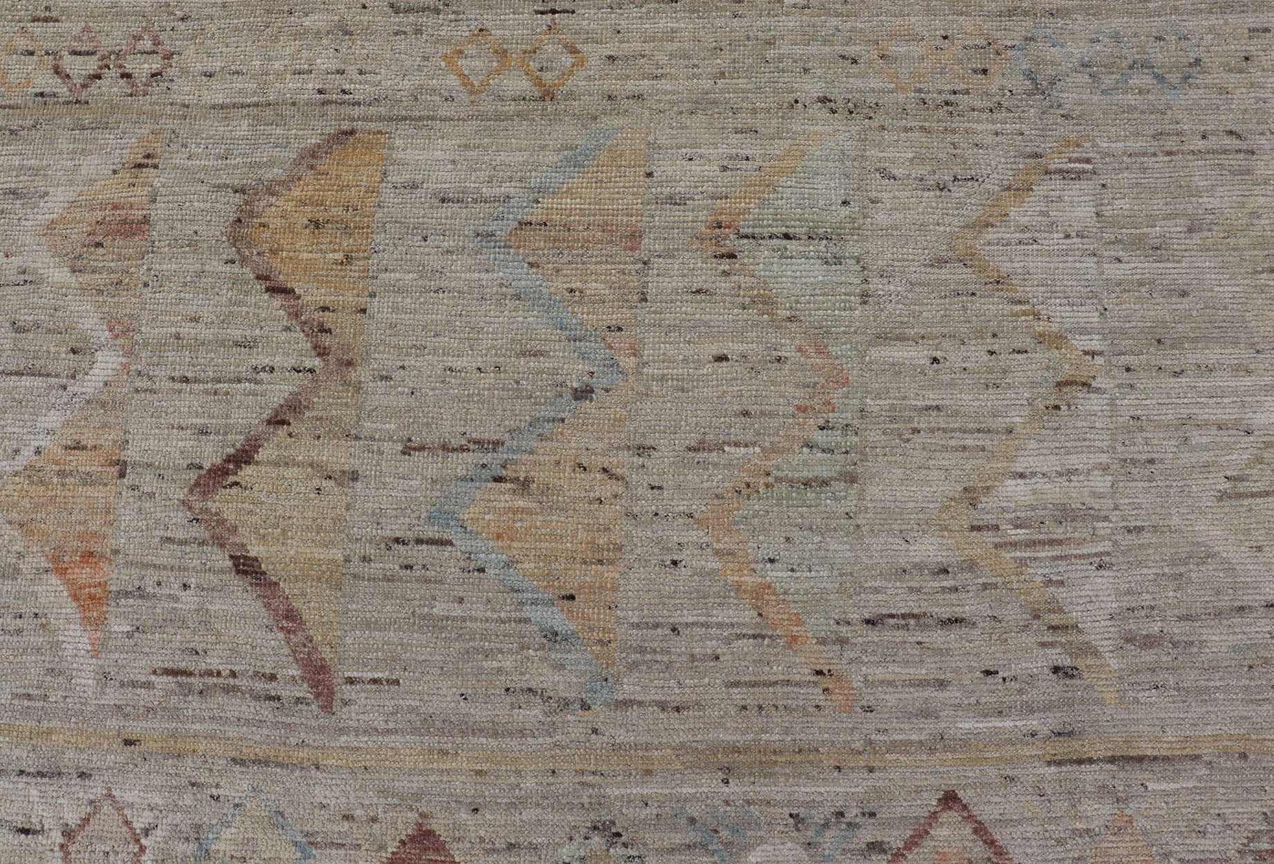 Large Modern Casual Area Rug in Sandy Tones With Pops of Color This elegant modern casual was hand - knotted in Afghanistan. The large open field displays tribal - like motifs atop of warm - yet - subtle sandy hues of beige and light taupe. The des... - Keivan Woven ArtsAFG - 43448 - 20217Rug