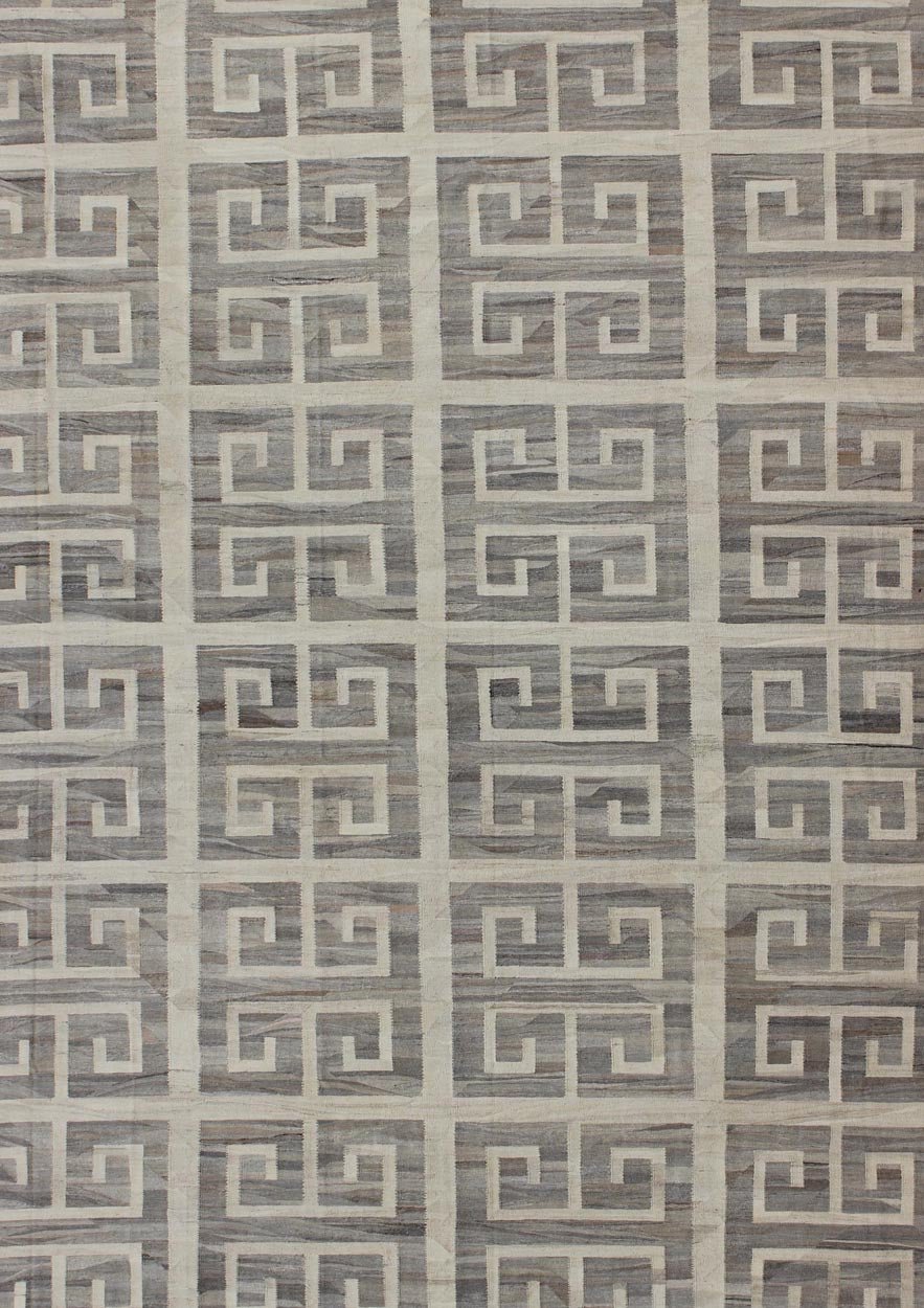 Oversized Modern Kilim with large scale Greek Key Design in Cream & Gray Tones. Large size Kilim, Hand made large Kilim, Modern Kilim This modern Kilim features a large Greek Key Design, rendered in shades of gray, cream and white. Large ... - Keivan Woven ArtsAFG - 466 - 10392Rug