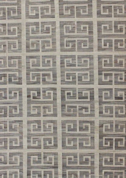 Oversized Modern Kilim with large scale Greek Key Design in Cream & Gray Tones. Large size Kilim, Hand made large Kilim, Modern Kilim This modern Kilim features a large Greek Key Design, rendered in shades of gray, cream and white. Large ... - Keivan Woven ArtsAFG - 466 - 10392Rug