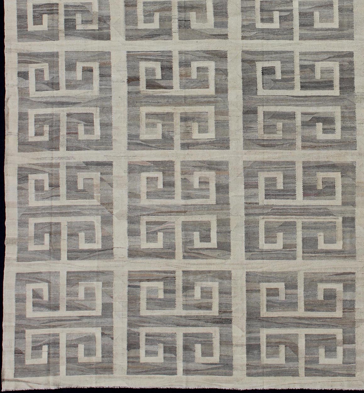 Oversized Modern Kilim with large scale Greek Key Design in Cream & Gray Tones. Large size Kilim, Hand made large Kilim, Modern Kilim This modern Kilim features a large Greek Key Design, rendered in shades of gray, cream and white. Large ... - Keivan Woven ArtsAFG - 466 - 10392Rug